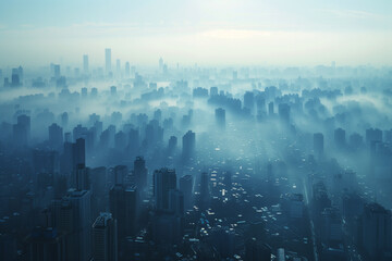Advanced cityscape where technology combats PM 2.5, as streamers document the unseen battle.