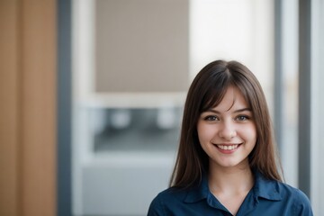 Happy at work concept. Cheerful young woman in a blue shirt standing against a bright office background with copy space.