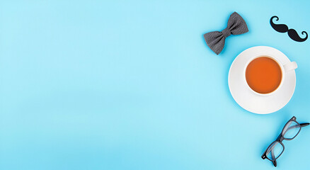 A cup of tea with a mustache and a bow tie on a blue background for Father's Day celebrations - obrazy, fototapety, plakaty