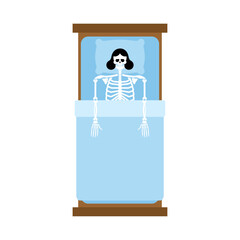 Female Skeleton in bed. skeleton lies in bed under blanket.