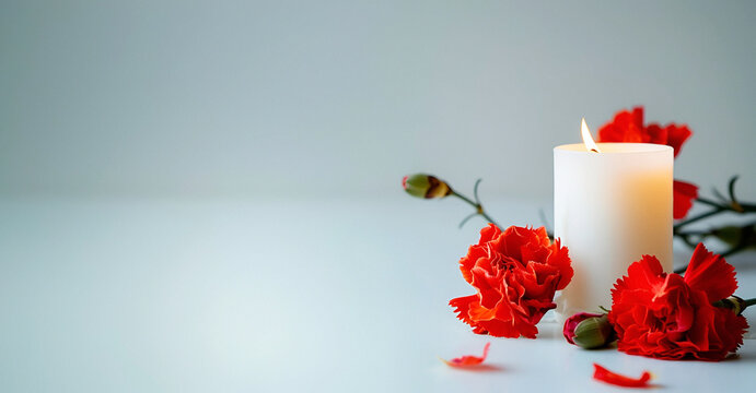 A white candle with red carnation flowers