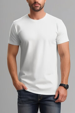 cropped view of man in blank white t-shirt Mockup isolated on grey