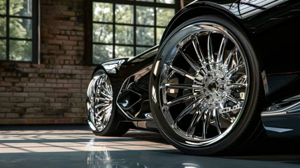 Fotobehang A set of custom-designed alloy wheels, with intricate spoke patterns and a gleaming chrome finish © Textures & Patterns