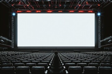 Cinema hall with auditorium watching movie on blank screen mockup. Empty monitor in film theater with viewers mock up. Premiere 3d showtime in theatre presentation template. generative ai.