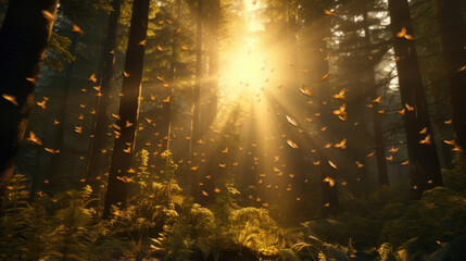 Sunlight in the forest with tiny glowing insects flying against the sun. Beautiful summer spring floral natural panorama scenery. - obrazy, fototapety, plakaty