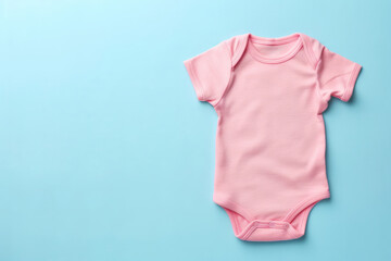 A pink baby's onesie is laying on a blue background. Light pink baby bodysuit on pastel background. Top view, space for text. Newborn babies concept. Can be used as a birthday invitation card