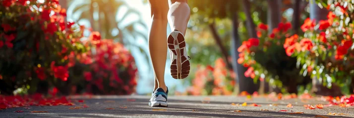 Keuken spatwand met foto Fitness Pursuit: Female Runner on Path in Sportswear © Logo Artist