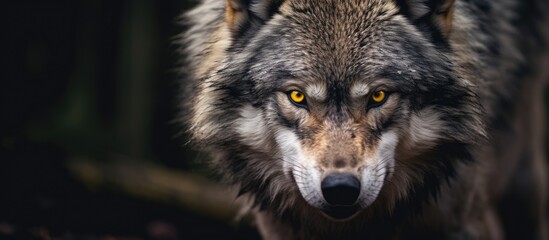 Closeup of a wolfs face showing its fur, whiskers, and yellow eyes, a carnivorous terrestrial animal of the dog breed with a powerful snout