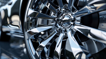 A set of custom-designed alloy wheels, with intricate spoke patterns and a gleaming chrome finish