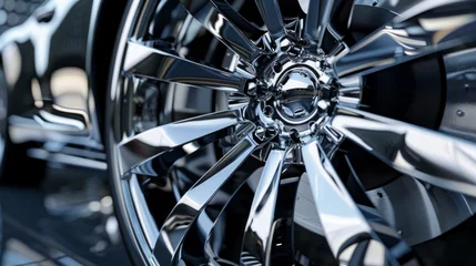 Fotobehang A set of custom-designed alloy wheels, with intricate spoke patterns and a gleaming chrome finish © Textures & Patterns