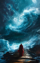 A wisdom monk in full costumes stand in front of A high waves in a middle of storm heating Ocean, blue fantasy natural background