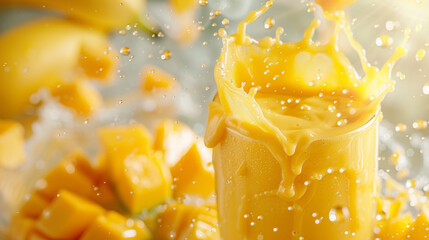A fruity mango smoothie bursting into a vibrant splash on a pristine white background, with...