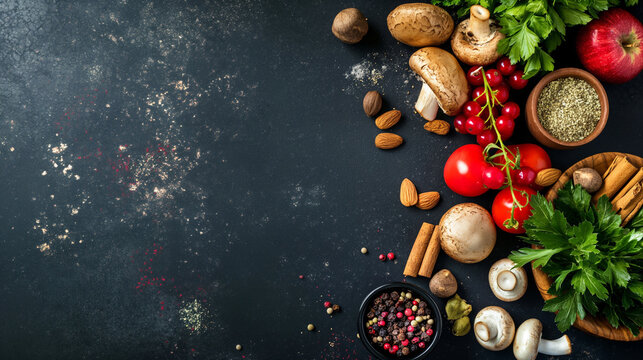 Top view of fresh raw vegetables, spices, and food. Vegetables, fruits, nuts and berries, vitamins on an old wooden table. Top view. Free space for text.