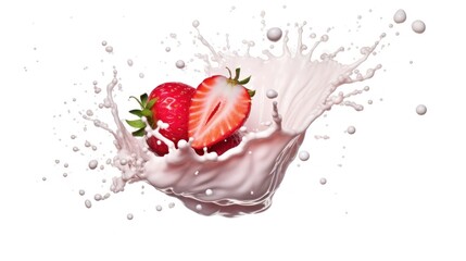One strawberry splashes in to milk. - obrazy, fototapety, plakaty