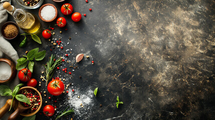 Top view of fresh raw vegetables, spices, and food. Vegetables, fruits, nuts and berries, vitamins on an old wooden table. Top view. Free space for text. - obrazy, fototapety, plakaty