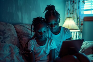 African american mother and daughter with tablet pc computer doing homework together at home, Generative AI