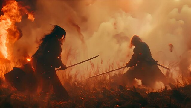 samurai in a field facing off each other in a distance, about to fight with one sword each, fighting pose and stance.generative ai
