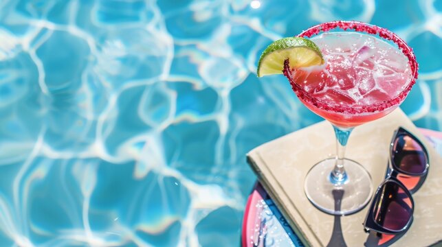 Vibrant and fruity, a strawberry Margarita graces the poolside, its salted rim glistening in the sunlight. This image captures the refreshing zest of summer with a splash of luxurious relaxation.