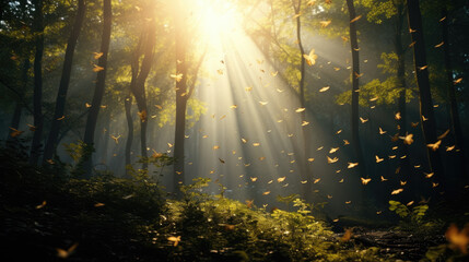 Sunlight in the forest with tiny glowing insects flying against the sun. Beautiful summer spring floral natural panorama scenery.