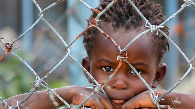 Young boy looks through chain link fence.