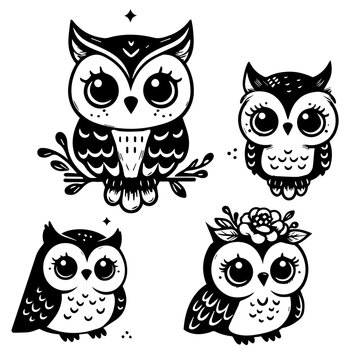 Set of owls on a branch, Cute owl vector illustrations