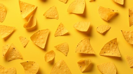 Tortilla chips spread across yellow background.