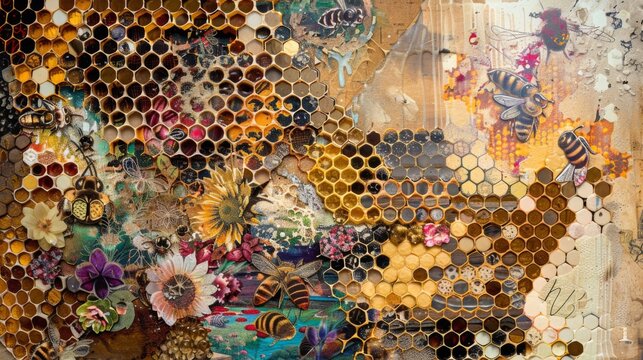 A mosaic rich with textures and colors, symbolizing the diverse and vibrant world of bees and the natural beauty they sustain.