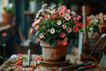 Vibrant potted flowers with gardening tools. 