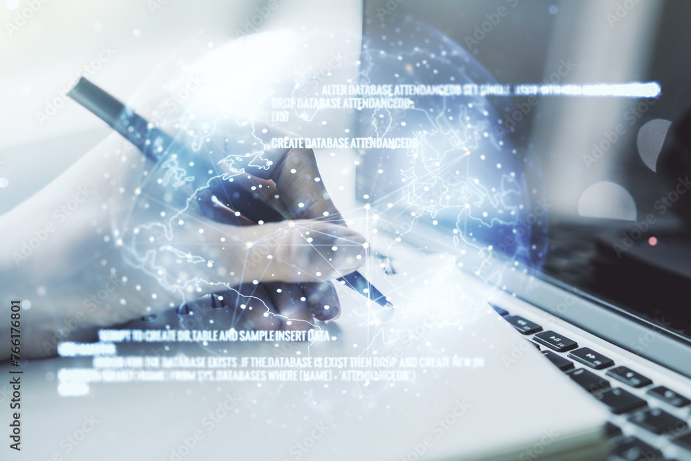 Aufkleber double exposure of abstract creative programming illustration with world map and hand writing in not