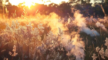 Obraz na płótnie Canvas Sun Rises on Native Australian White Smoke Bush Focus Pull ,Generative ai