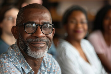 A man with glasses is smiling. He is surrounded by other people. Group therapy and support. The focus is on a middle aged African American man. A group of people around support him. He is happy - obrazy, fototapety, plakaty
