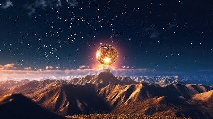 shining golden bitcoin, epic nature background with colorful sky