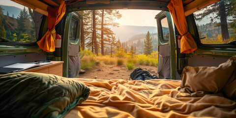 Schlafplatz in einem umgebauten Van mit schönem Ausblick auf den Wald.  - obrazy, fototapety, plakaty