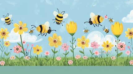 Fototapeta na wymiar A playful illustration of bees and flowers under a clear blue sky, evoking the joyful essence of a spring day.