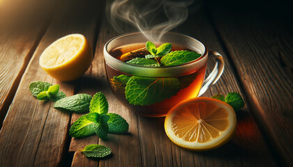 close-up image of tea with mint leaves and lemon on a wooden table - obrazy, fototapety, plakaty