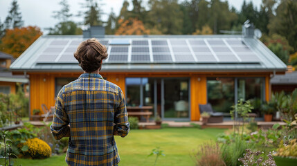 A worker looks at a private modern house with solar panels