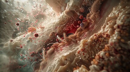 This hyperrealistic artwork visualizes the dynamic and complex process of infection at a cellular level.