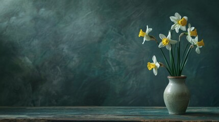 White-yellow daffodils in a small vase