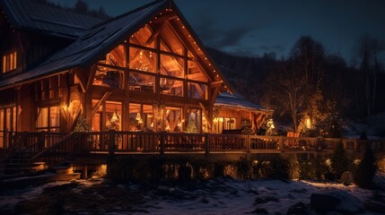 Fototapeta premium Blockhütte in einer Winterlandschaft mit Weihnachtsbaum und Lagerfeuer in weihnachtlicher Stimmung