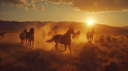 Fototapeta na wymiar Wild horses running at sunset 