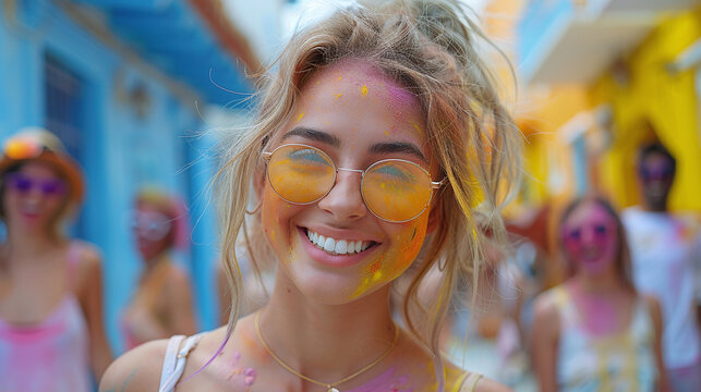 Happy beautiful girl in paint on Holi holiday