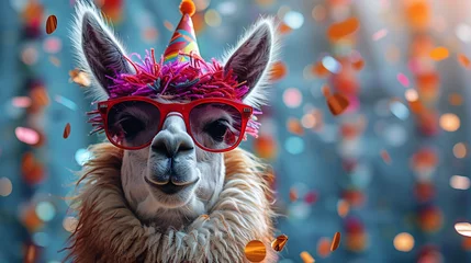 Gordijnen Lama in cool sunglasses and party hat on a blue background with falling confetti © Ruslan