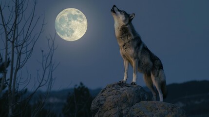 Wolf stands on the rock and howls at the full moon