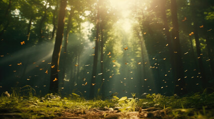 Fototapeta na wymiar Sunlight in the forest with tiny glowing insects flying against the sun. Beautiful summer spring floral natural panorama scenery.