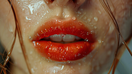 Close-up of lips dripping water. Sensual female lips