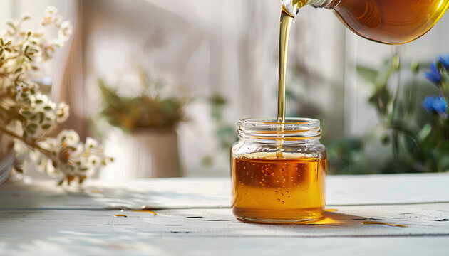 Pouring aromatic honey into jar on white wooden table