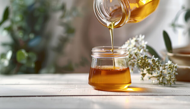 Pouring aromatic honey into jar on white wooden table