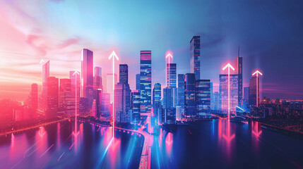 Fototapeta na wymiar Vivid futuristic cityscape with increase arrow, Business city
