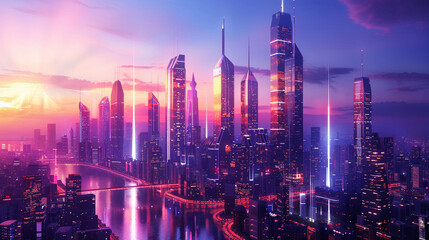 Vivid futuristic cityscape with increase arrow, Business city - obrazy, fototapety, plakaty
