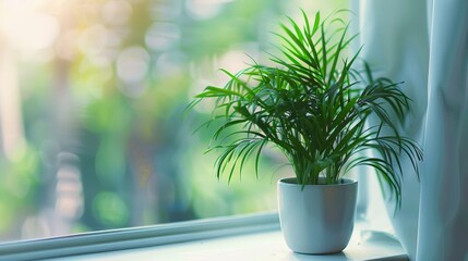 Fototapeta premium A potted plant is placed on a window sill, receiving sunlight and fresh air